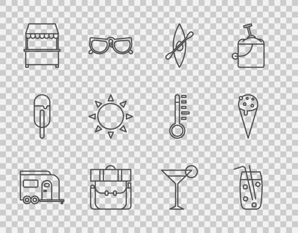 Set line Rv Camping trailer, Cóctel y bebida alcohólica, Kayak o paleta de canoa, Mochila de senderismo, Puesto callejero con toldo, Sol, vaso Martini y helado icono de cono de waffle. Vector — Vector de stock