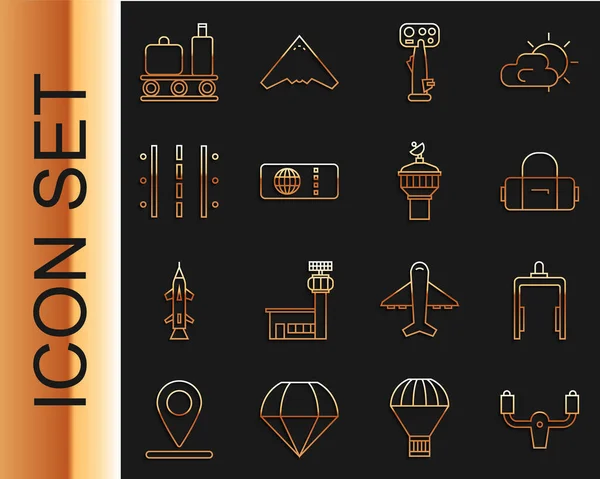 Linienführung Flugzeugsteuerstand, Metalldetektor Flughafen, Koffer, Flugticket, Landebahn Flughafen, Förderband mit Koffer und Radarsymbol. Vektor — Stockvektor