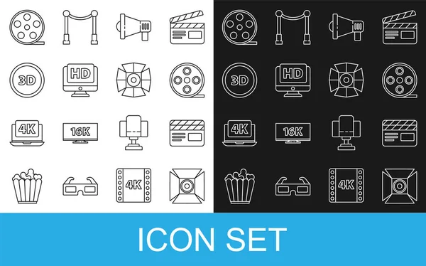 Set line Movie spotlight, clapper, Film reel, Megaphone, Monitor with HD video, 3D word, and icon. Vector — Stock Vector