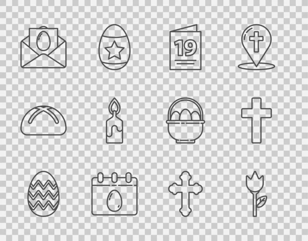 Paskalya yumurtası, çiçek lalesi, Mutlu, takvimli tebrik kartı, yanan mum, Hıristiyan haçı ve ikonu. Vektör