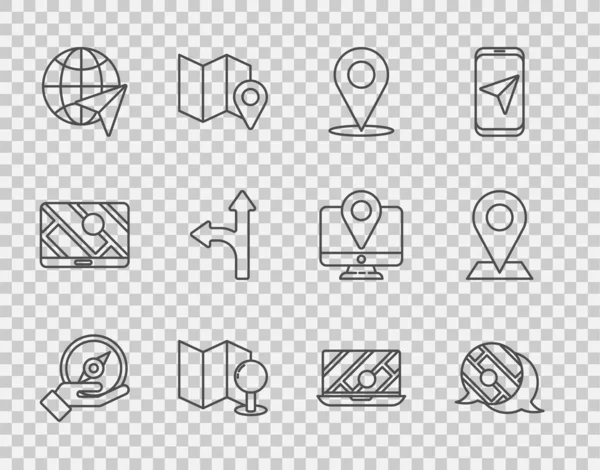 Set line Kompass, Infografik der Stadtplan-Navigation, Standort, gefaltet mit Stecknadel, Globus fliegendes Flugzeug, Verkehrszeichen, Stadt und Symbol. Vektor — Stockvektor