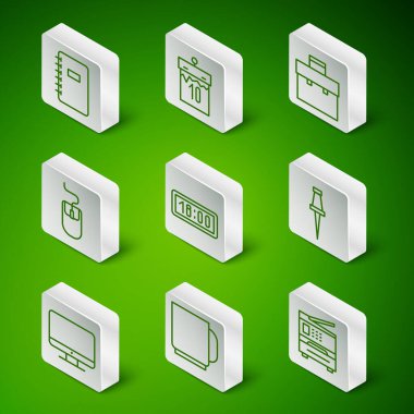 Satır Yazıcı, Kahve fincanı, Spiral defter, Dijital alarm saati, Bilgisayar faresi, Takvim, monitör ekranı ve pin simgesini it. Vektör