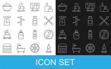 Yakıcı mum, Yin Yang, kulak için pamuk çubuğu, kaplıca salonu tabelası, yapraklı bambu sapları, parfüm, deniz tuzu kasesi ve şişe sütü ikonu. Vektör