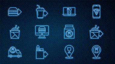 İnternet üzerinden erişte siparişi vermek, Asya yemek çubukları, burger ve kahve fincanı sipariş etmek. Vektör