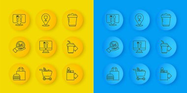 İnternetten hamburger siparişi, 24 saat saat saat, ve, kahve fincanı paket, kafe restoranı konumu, ve alkollü bira ikonu. Vektör