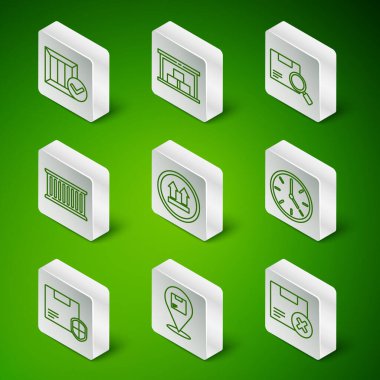 Karton karton kutucuk ve silme, tahta işaretli konteynır, depo, teslimat kalkanı ve saat simgesi ile bu tarafı ayarlayın. Vektör