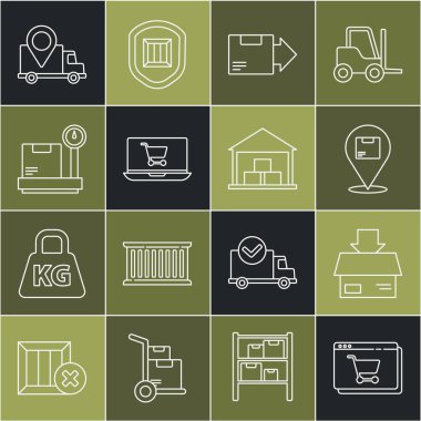 Ekranda online alışveriş, karton kutu, konum, alışveriş arabası dizüstü bilgisayarı, ölçek, teslimat ve depo simgesi. Vektör