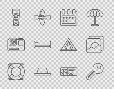 Lifebuoy, Key, Calendar, kurdeleli adam şapkası, tüplü güneş kremi, klima, uçak bileti ve fotoğraf ikonu. Vektör