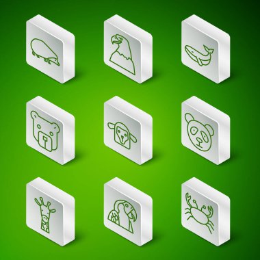 Yengeç, papağan, kirpi, koyun kafası, ayı, kartal, zürafa ve şirin panda surat ikonu. Vektör