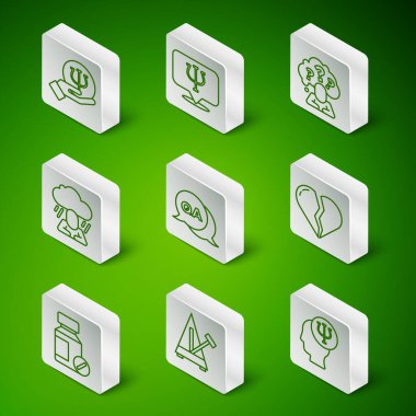 Psikoloji, Psi, Metronome ve sarkacı, Sorgu ve Yanıt, Depresyon, Yatıştırıcı haplar ve kırık kalp ya da boşanma ikonu. Vektör