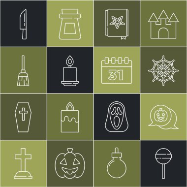 Set hattı, Lollipop, Balkabağı, Örümcek ağı, Eskiler 'in sihirli kitabı, yanan mum, cadı süpürgesi, bıçak ve Cadılar Bayramı ikonlu takvim. Vektör