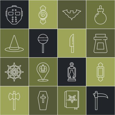 Tırpan, Şeker, iksirli şişe, uçan yarasa, lolipop, cadı şapkası, hokey maskesi ve bıçak ikonu. Vektör