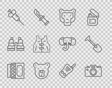 Kibrit kutusu ve kibritler, fotoğraf makinesi, maymun, ayı kafası, şırınga, av ceketi, telsiz ve kürek ikonu. Vektör