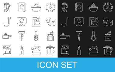 Elektrik ısıtıcısı, el yapımı kahve öğütücü, mutfak eti, meyve sıkacağı, konumu, kepçesi, blender ve karıştırıcı ikonu olan şef şapkası. Vektör
