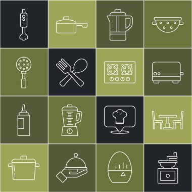 El yapımı kahve öğütücüsü, sandalyeli ahşap masa, tost makinesi, çaydanlık, çapraz çatal ve kaşık, Spatula, Blender ve gaz soba ikonu. Vektör