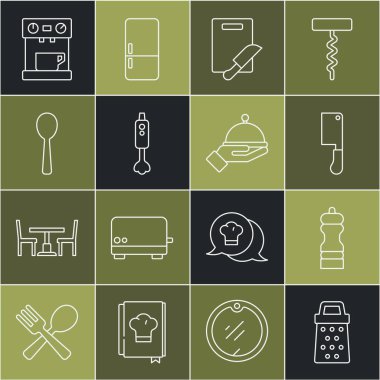 Hat Grater, Pepper, Et Helikopteri, Kesme tahtası ve bıçak, Blender, kaşık, kahve makinesi ve tepsi ikonu ile kaplı. Vektör