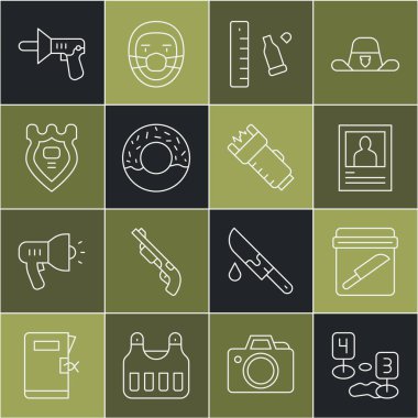 Suç mahalli işareti, bıçaklı kanıt torbası, aranıyor ilanı, kurşun kovanı cetvel, çörek, polis rozeti, megafon ve elektrik şoku ikonu. Vektör