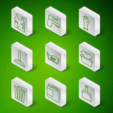 Safra kesesi, temizlik malzemesi için şişe, kirli tişört, ısı temizleyici, lastik pompa, su musluğu, çöp tenekesi ve ikonlu leğen. Vektör