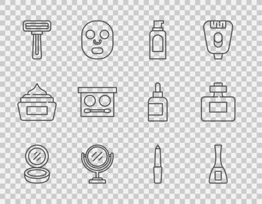 Makyaj tozunu ayna, tırnak cilası şişesi, saç spreyi kutusu, yuvarlak makyaj malzemesi tıraş bıçağı, göz farı paleti, dosya ve parfüm ikonu ile ayarla. Vektör