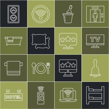 Otel odası yatağı, servis zili, akıllı televizyon, kovadaki şampanya, yastık, küvet, kaldırma ve beş yıldızlı değerlendirme ikonu. Vektör