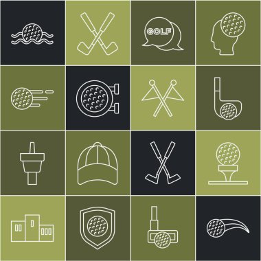 Sahada golf topu, golf sopası, etiket, spor, su ve bayrak ikonu. Vektör