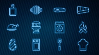 Şef şapkası, Kamp ateşi, Biftek eti, Brick sobası, kızarmış hindi veya tavuk, kesme tahtası, mangal kömürü torbası ve ızgara ikonu. Vektör