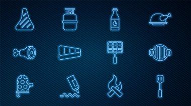 Barbekü spatulası, ızgara, acı sos, biftek eti, tavuk bacağı, çelik ızgara ve propan gazı ikonu. Vektör