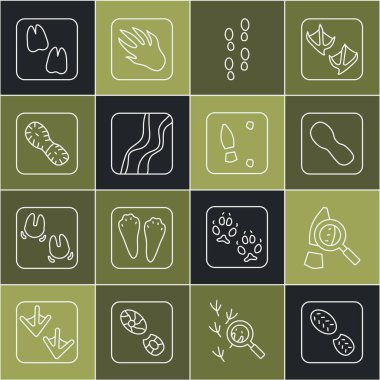 Çizgili insan ayak izleri, ayaklı büyüteç, Yılan pençesi, Deve ve ikon. Vektör