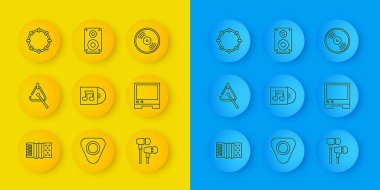 Akordiyon, Üçgen, Vinil disk, Hava kulaklıkları, Ses Asistanı, Tef ve Stereo hoparlör ikonu ayarlayın. Vektör