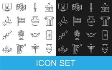 Antik amforalar, Yunan kalkanı, sütun, Ortaçağ kılıcı, Yunanistan ulusal bayrağı, El ele tutuşan ateş, miğfer ve ikon. Vektör