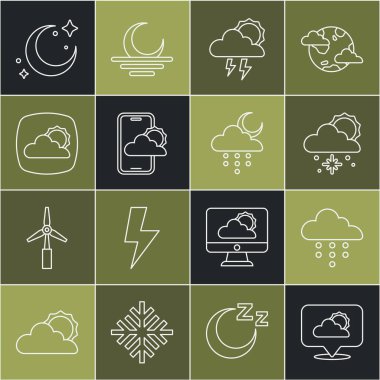 Çizgi konum bulutu, yağmur, kar ve güneş, fırtına, hava tahmini, ay yıldızları ve ay ikonu. Vektör