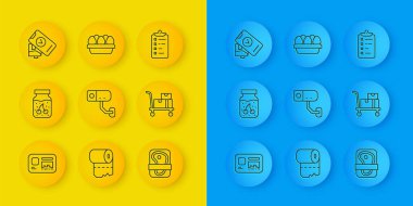 Kimlik kartı, reçel kavanozu, güvenlik kamerası, et paketleme bifteği, el arabası ve kutular, POS terminali, alışveriş listesi ve tavuk yumurtası ikonu. Vektör