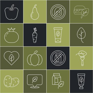 Organik kozmetik, vegan gıda diyeti, yaprak ya da yaprak yok, et yok, havuç, domates, elma ve ikon yok. Vektör