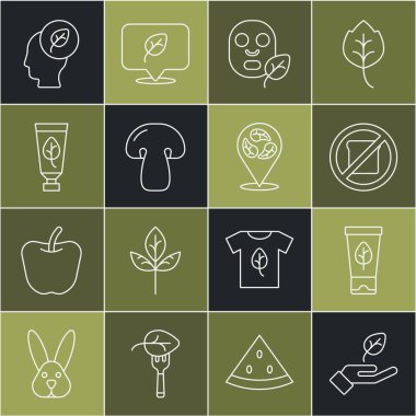 Elinde bitki, organik kozmetik, glütensiz tahıl, yüz maskesi, mantar, içinde yaprak olan insan kafası ve vegan yemek ikonu. Vektör