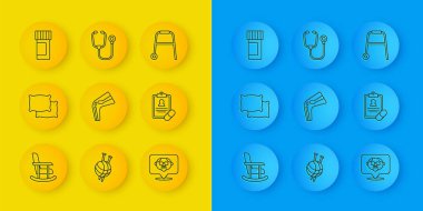 Sallanan sandalye, yastık, kemik ağrısı, büyükbaba, reçete, ilaç şişesi hapları, Walker ve stetoskop ikonu. Vektör