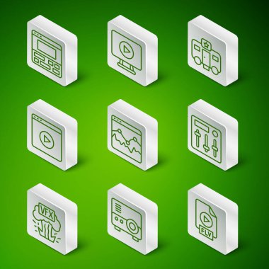 Satır FLV dosya belgesi, ortam projektörü, dizüstü bilgisayarda video kaydedici, müzik dalgası dengeleyicisi, çevrimiçi oyun videosu, VFX ve Ses Karıştırıcı denetleyici simgesi ayarla. Vektör