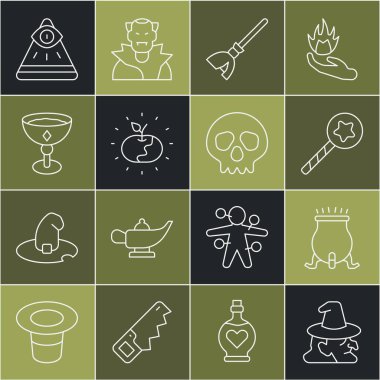 Cadı, kazan, sihirli değnek, cadı süpürgesi, zehirli elma, ortaçağ kadehi, mason ve kafatası ikonu. Vektör