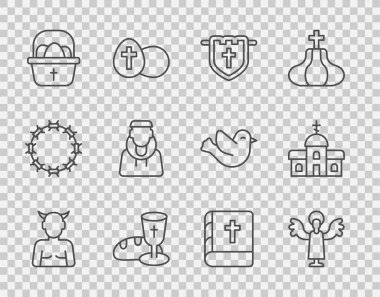 Krampus, Hristiyan haçlı Bayrak, Kadeh ve Ekmek, Paskalya Yumurtaları, Keşiş, Kutsal İncil kitabı ve kilise ikonu. Vektör