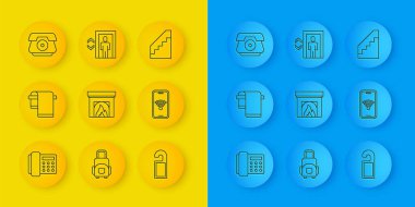 Telefon ahizesi, havlu askısı, şömine lütfen rahatsız etmeyin kablosuz cep telefonu, merdiven ve asansör ikonu. Vektör