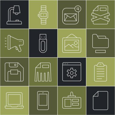 Satır Dosya belgesini listelemek veya planlamak için ayarla, Belge dizini, Zarf, USB flash disk, Megaphone, Tablo lambası ve Resim manzara simgesi. Vektör