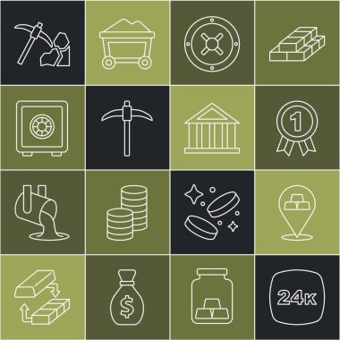 Altın külçeleri 24k, Madalya, Güvenli, Kazma, Madencilik ve Banka binası ikonu. Vektör