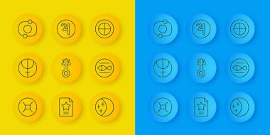 Gemini burcu, Neptün gezegeni, Eski sihirli anahtar, Güneş tutulması, Balık, Güneş Sistemi, Dünya küresi ve Sembol Jüpiter ikonu. Vektör