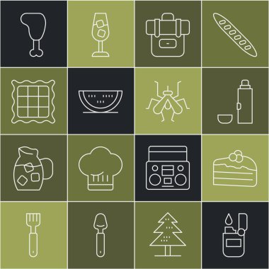 Aydınlık çizgi, çocuk oyuncağı, termos kabı, yürüyüş çantası, karpuz, peçete, tavuk budu ve sivrisinek ikonu. Vektör