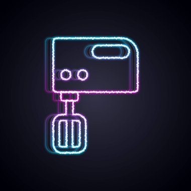 Parlayan neon hattı elektrik karıştırıcı simgesi siyah arkaplanda izole edildi. Mutfak blenderi. Vektör