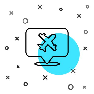 Beyaz arka planda izole edilmiş uçak seyahat ikonu olan siyah çizgi konuşma balonu. Uçak nakil işareti. Tatil sembolü. Rastgele dinamik şekiller. Vektör