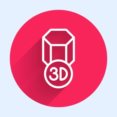 Beyaz çizgi 3D yazıcı simgesi uzun gölgeli izole edilmiş. 3D baskı. Kırmızı daire düğmesi. Vektör