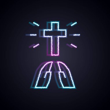Parlayan neon hattı Eller dua pozisyonunda siyah arkaplanda izole edilmiş ikon. Tanrı 'ya inanç ve umutla dua edin. Vektör