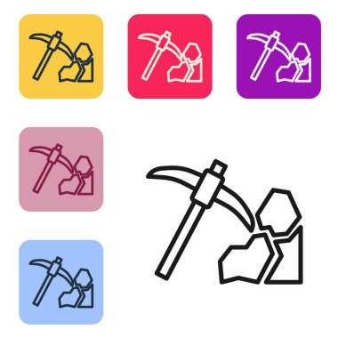 Siyah çizgi altın madenciliği ikonu beyaz arka planda izole edildi. Renkli kare düğmelerle simgeleri ayarla. Vektör