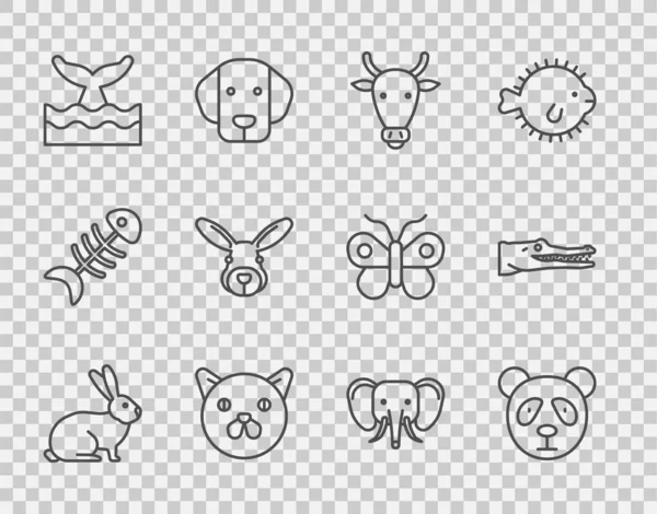 Set line Rabbit, Cute panda face, Cow head, Cat, Whale tail in ocean wave, Elephant and Crocodile icon. Vector — Stock Vector