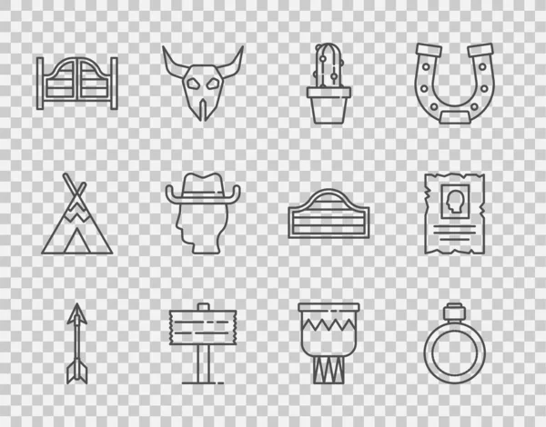 Set line Crossed arrows, Canteen water bottle, Cactus peyote in pot, Road traffic signpost, Saloon door, Cowboy, Drum and Wanted western poster icon. Vector — Stock Vector